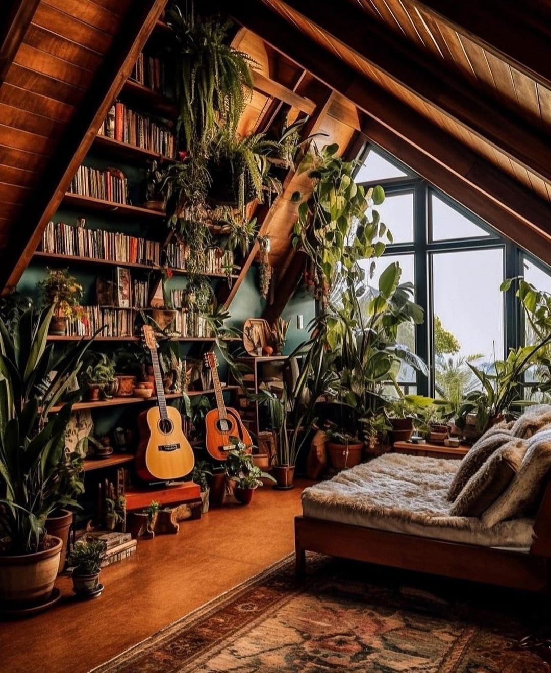 This meme is a picture of a cozy room with a high ceiling, featuring a comfortable-looking couch, a bookshelf, and a guitar. The text "I'm not lazy, I'm just on energy-saving mode" is written in a playful, cursive font above the couch. The image is meant to be humorous, suggesting that the person is simply conserving energy, rather than being lazy.